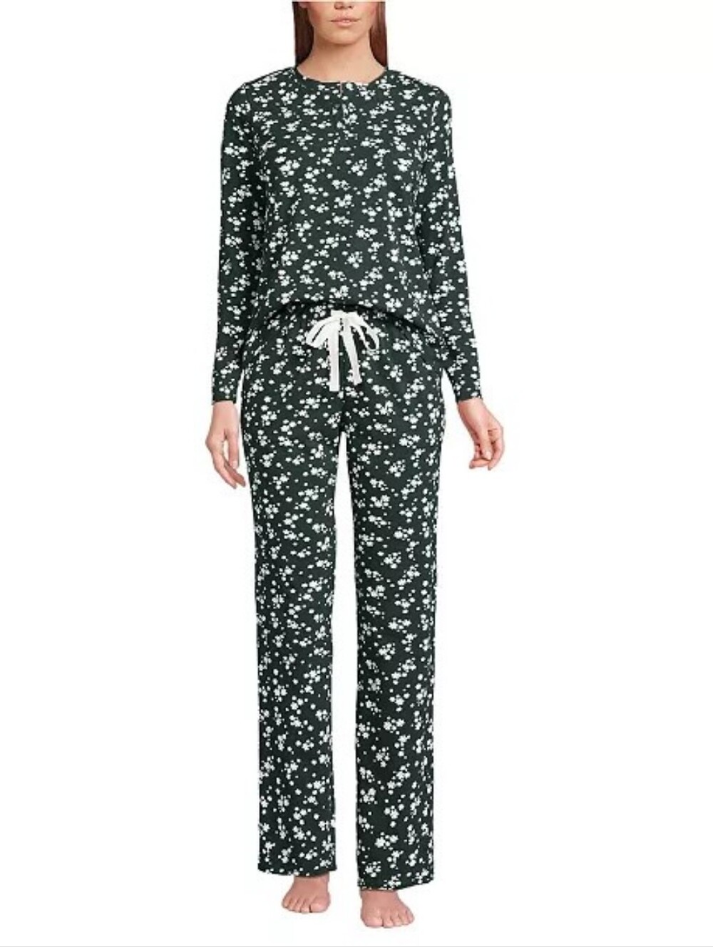 NWT Lands' End Dark Green and White Floral Long-Sleeve Pajama Set